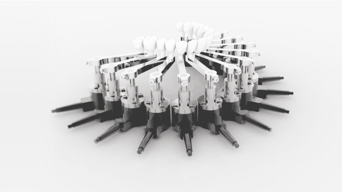 A mechanical device with multiple white, jointed levers arranged in a circular pattern, resembling a radial assembly, sits on a white background. Black cylindrical components extend outward from the base.