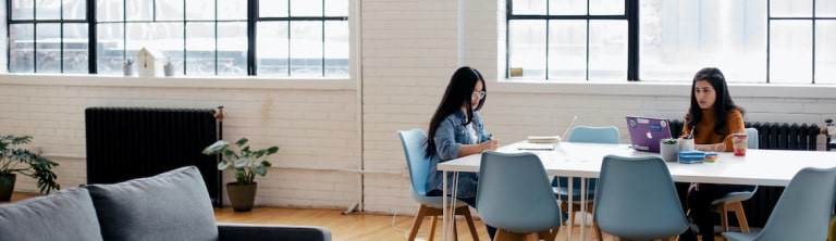 Image (6)-min Two women sit at a white table with laptops and notebooks in a bright, modern room with large windows, light wood floors, blue chairs, and plants.